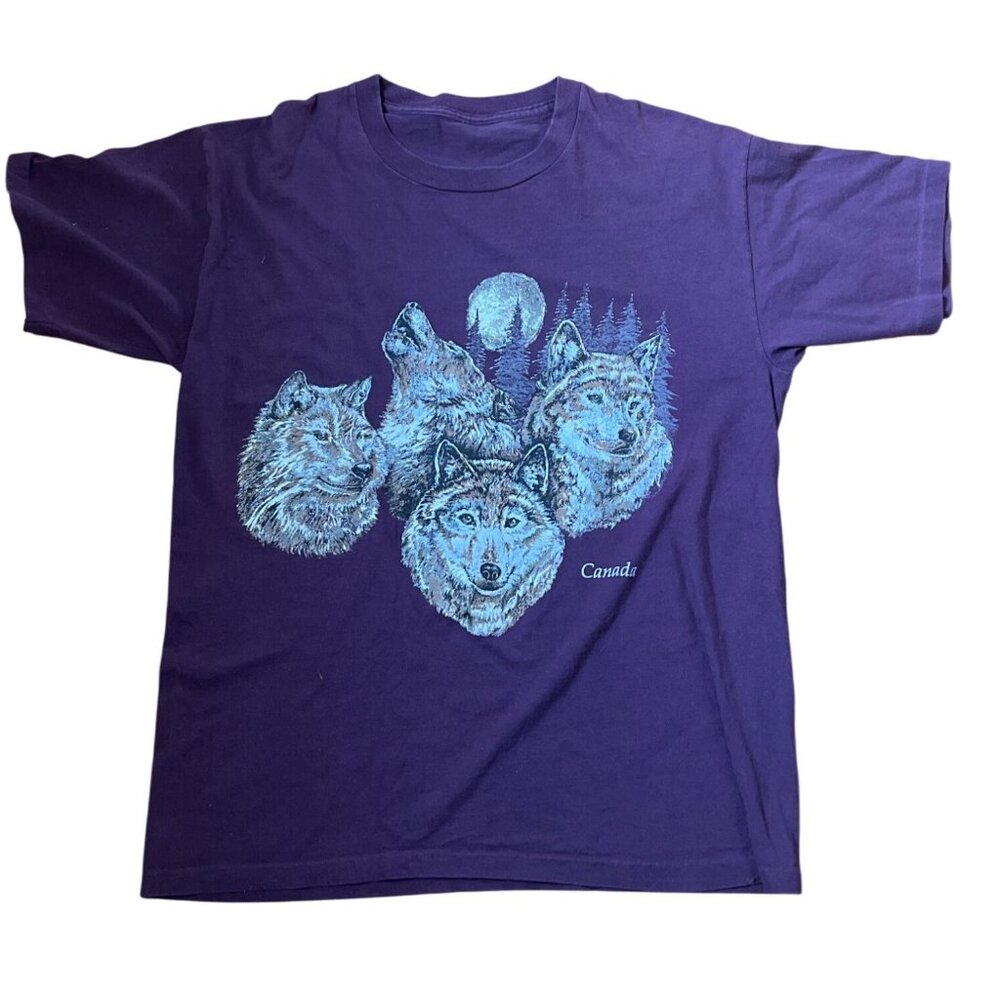 Vintage Purple Wolf Graphic T-Shirt Canada Design Cotton Blend Large Fit SINGLE